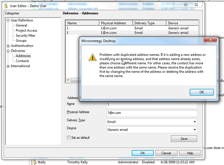 Duplicate Address Error Message Examples KB41994: When a user has two addresses that have the same Name or ...